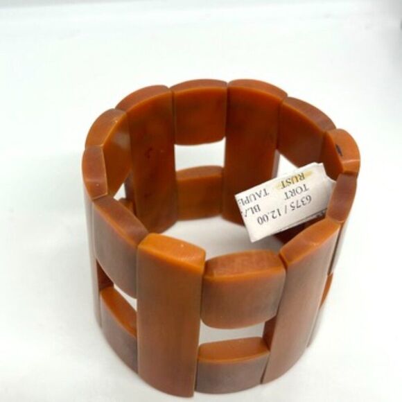 VINTAGE RUST BROWN GEOMETRIC STRETCH BANGLE MODERNIST PLASTIC BAKELITE LOOK - Picture 5 of 10